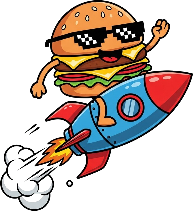 The Sexy Burger mascot riding a crash rocket